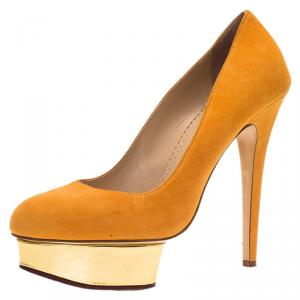 Charlotte Olympia Mustard Yellow Suede Dolly Floral Embellished Platform Pumps Size 39