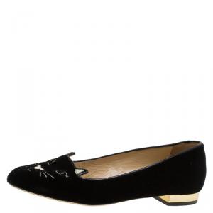 Pre Owned Charlotte Olympia Black Velvet Kitty Smoking Slippers Size 37.5