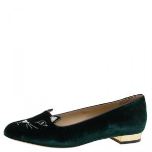 Pre Owned Charlotte Olympia Green Velvet Kitty Smoking Slippers Size 40