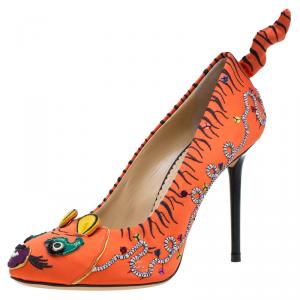 Pre Owned Charlotte Olympia Orange Embellished Satin Tiger Tiger Pumps Size 39.5