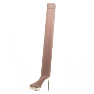 Pre Owned Charlotte Olympia Beige Glitter Jersey More Is More Thigh High Platform Boots Size 38