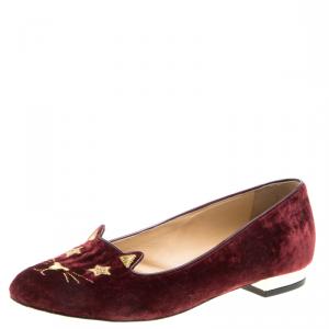 Pre Owned Charlotte Olympia Burgundy Velvet Superstar Kitty Smoking Slippers Size 36