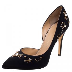 Pre Owned Charlotte Olympia Black Embellished Fabric Faille D'orsay Pumps Size 39.5
