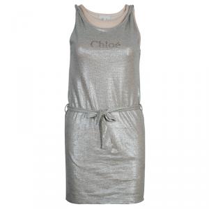 Pre Owned Chloe Metallic Double Layer Belted Tank Dress M