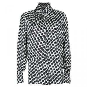 Chloe Monochrome Bird Print Silk Neck Tie Detail Blouse M 