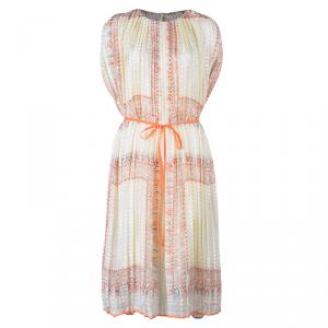 Pre Owned Chloe Orange Foulard Print Pleated Silk Dress M