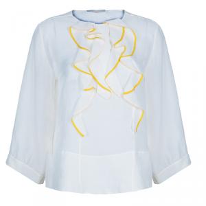 Pre Owned Chloe White Ruffle Front Long Sleeve Top M