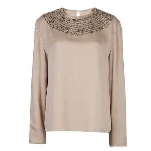 Chloe Beige Embellished Long Sleeve Silk Blouse L