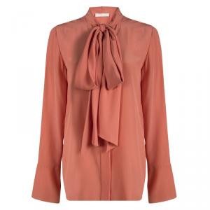Chloe Peach Silk Long Sleeve Tie Detail Blouse M