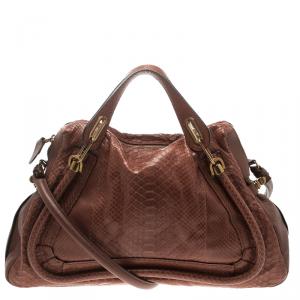 Pre Owned Chloe Brown Python and Leather Large Paraty Shoulder Bag
