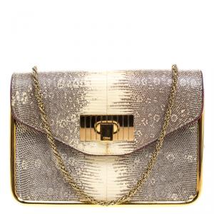 Pre Owned Chloe Beige Lizard Skin Frame Sally Shoulder Bag