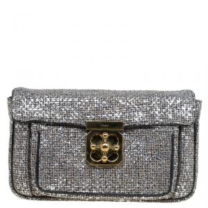 Pre Owned Chloe Metallic Grey Tweed Mini Elsie Clutch