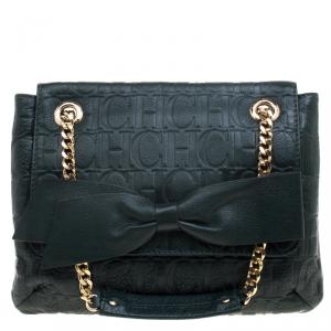 Pre Owned Carolina Herrera Dark Green Monogram Leather Audrey Shoulder Bag