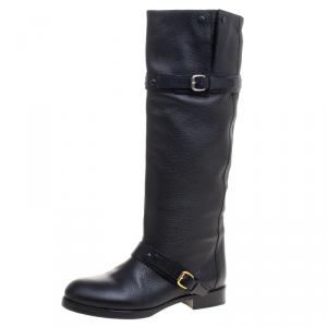 Pre Owned Chloe Black Leather Double Buckle Calf Length Boots Size 38