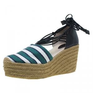 Pre Owned Chloe Green and White Striped Canvas and Leather Tie-Up Espadrille Wedges Size 39
