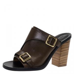 Pre Owned  Chloe Brown Leather Buckle Detail Block Heel Mule Sandals Size 39.5