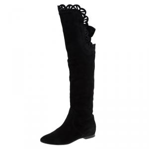 Pre Owned Chloe Black Cutout Suede Over the Knee Boots Size 37.5