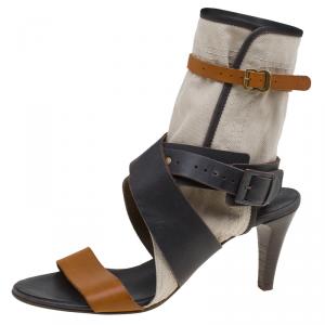 Chloe Brown Leather and Canvas Multi Strap Gladiator Sandals Size 39