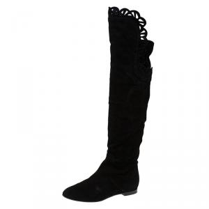 Pre Owned Chloe Black Cutout Suede Over the Knee Boots Size 38