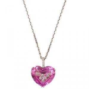 Pre Owned Chopard So Happy Diamond Pink Heart 5 Diamonds  White Gold Necklace