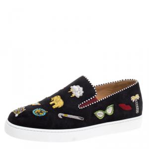 Christian Louboutin Embellished Black Suede Pik N Luck Slip-on Sneakers Size 38