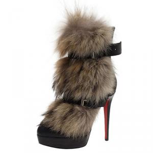 مملوكة مسبقًا كريستيان لوبوتان حذاء كاحل جلد أسود توندرا فرو ذئب مقاس 40.5