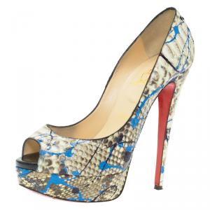 مملوكة مسبقًا حذاء كعب عالي كريستيان لوبوتان ليدي غرافيتي جلد ثعبان رصاصي مقدمة مفتوحة نعل سميك مقاس 38.5