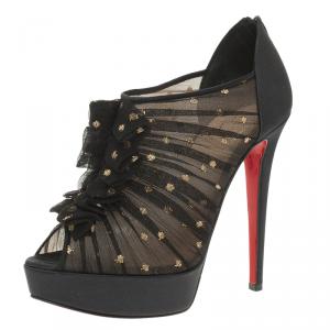 Pre Owned Christian Louboutin Black Satin Ruffled Peep Toe Ankle Boots Size 37