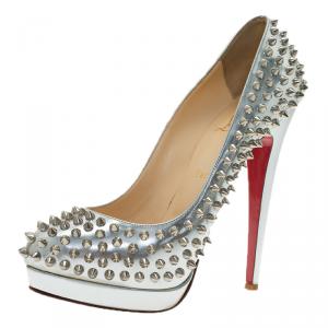 مملوكة مسبقًا Christian Louboutin Silver Metallic Leather Alti Spike Platform Pumps Size 39.5