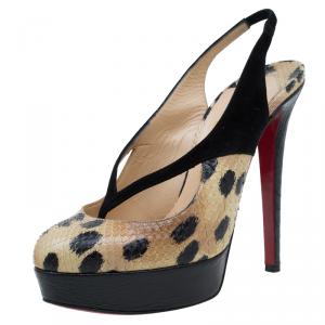 Pre Owned Christian Louboutin Beige Python and Black Suede Stringita Platform Slingback Sandals Size 38