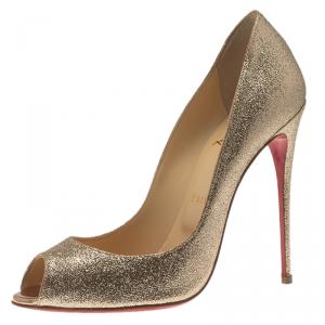 Pre Owned Christian Louboutin Gold Glitter Flo Peep Toe Pumps Size 38