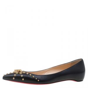 مملوكة مسبقًا Christian Louboutin Black Leather Door Knock Studded Ballet Flats Size 38
