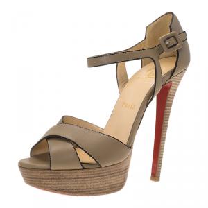Pre Owned Christian Louboutin Beige Leather Sporting Platform Sandals Size 36.5