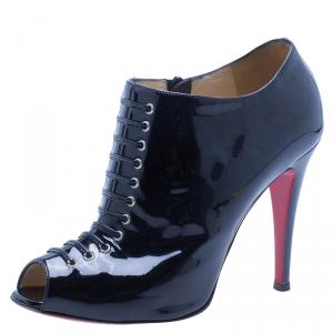 Pre Owned Christian Louboutin Black Patent Christ Lace Up Peep Toe Ankle Boots Size 37