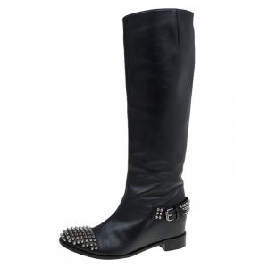 مملوكة مسبقًا Christian Louboutin Black Leather Spike Cap Toe Egoutina Knee Boots Size 41