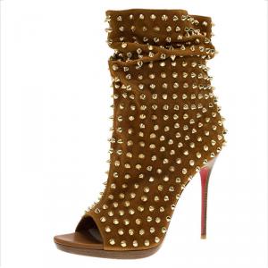 Pre Owned Christian Louboutin Brown Spiked Suede Guerilla Open Toe Slouchy Ankle Boots Size 38