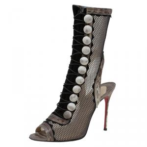 Christian Louboutin Black Mesh and Beige Watersnake Attention 100 Cut Out Boots Size 38.5
