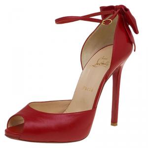 Pre Owned Christian Louboutin Red Leather Noeud Bow Embellished Peep Toe Pumps Size 40