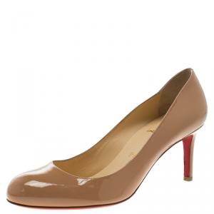 Pre Owned Christian Louboutin Beige Patent Leather Simple Pumps Size 38.5