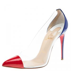 مملوكة مسبقًا حذاء كعب عالي كريستيان لوبوتان ديبو PVC أحمر وأزرق مقدمة مدببة مقاس 38