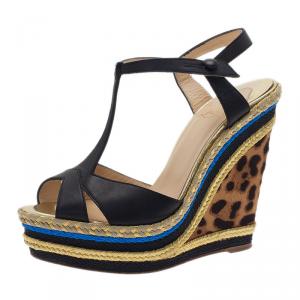 مملوكة مسبقًا Christian Louboutin Black Leather T-Strap Trotolita Wedges Size 39