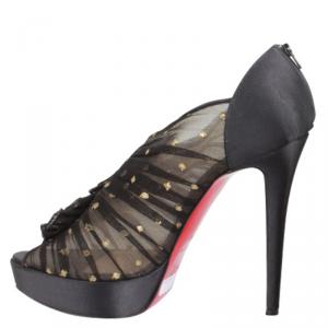 Christian Louboutin Black Satin Ruffled Peep Toe Ankle Boots Size 38.5