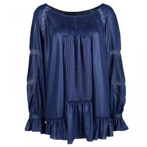 Class By Roberto Cavalli Blue Metallic Finish Pintucked Lace Insert Long Sleeve Blouse L