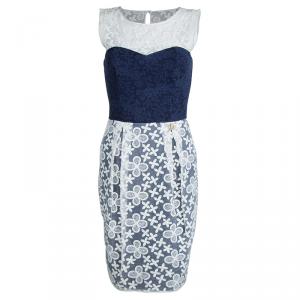 Class By Roberto Cavalli Navy Blue Contrast Lace Detail Floral Embroidered Sleeveless Dress S