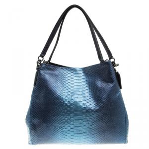 Coach Navy Blue Iridescent Python Embossed Leather Tote