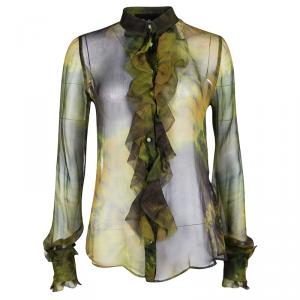 D&G Green Tie-Dye Printed Silk Ruffle Detail Blouse S