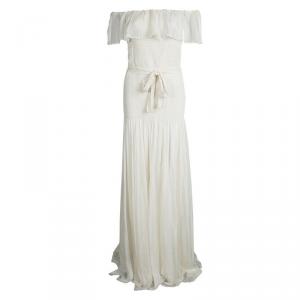 Pre Owned D & G Off White Silk Ruffle Detail Smocked Off Shoulder Maxi Dress M