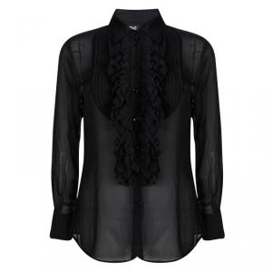 D&G Black Cotton Ruffle and Pintuck Yoke Detail Long Sleeve Shirt S