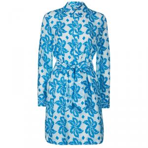 Pre Owned Diane Von Furstenberg White Blue Printed Taffy Dress S