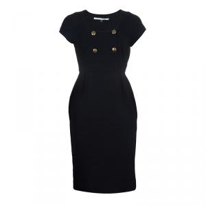 Pre Owned Diane Von Furstenberg Black Button Front Short Sleeve Knit Charo Dress M